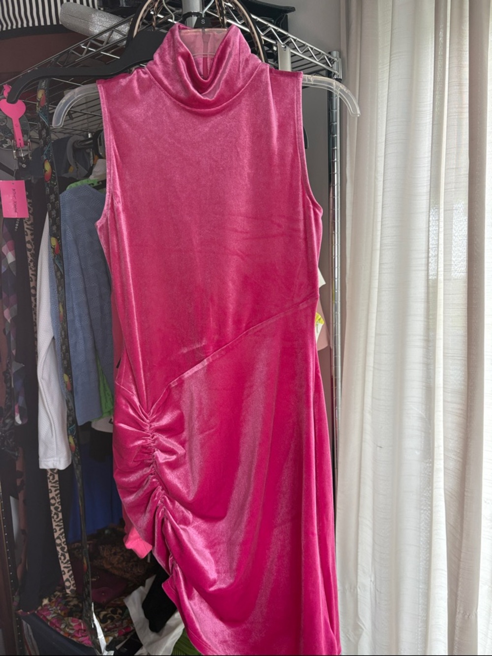 Sleeveless Hot Pink Velvet Midi Dress with Draped Ruched Side
